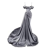 Spaghetti Straps Mermaid Prom Dresses 2024 Long Beaded Off Shoulder Satin Pleated Tight High Split Formal Evening Party Gowns