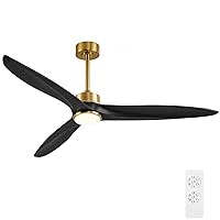WINGBO Ceiling Fan, 60 Inch DC, 3 Wood Blades, Brass Finish, Remote Control, Reversible, LED Light, ETL Listed