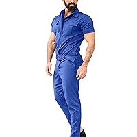 Trousers for Men Summer Short-Sleeved Jumpsuit Tooling Lace-up Zipper Rompers Pants with Pockets