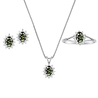 Diamond & Green Sapphire Set - Ring, Earring & Pendant Necklace Sterling Silver or 14K Yellow Gold Plated