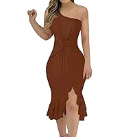 Summer Dresses for Women 2024 Sexy Off Shoulder Ruched Bodycon Dress Trendy Split Ruffle Wedding Guest Cocktail Dress