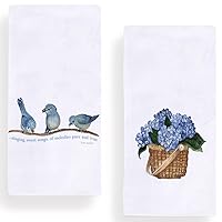 Blue Birds Flower Kitchen Dish Towel 18 x 28 Inch Set of 2, Seasonal Spring Summer Hydrangea Tea Towels Dish Cloth for Cooking Baking