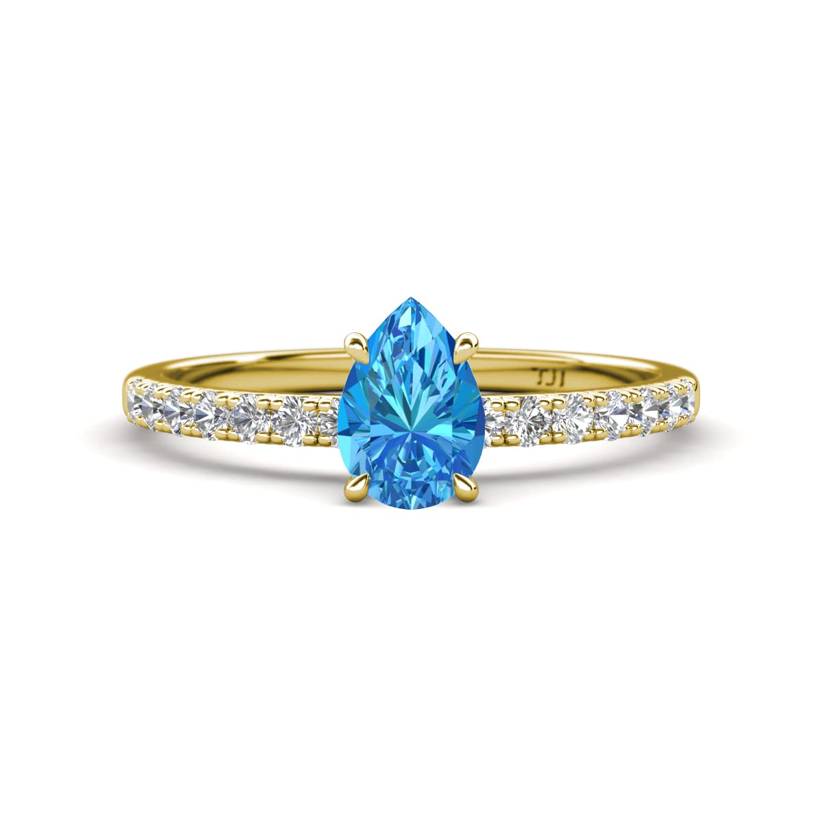 Pear Cut Blue Topaz & Round Diamond 1 1/5 ctw Tiger Claw Set Four Prong Women Engagement Ring 14K Gold