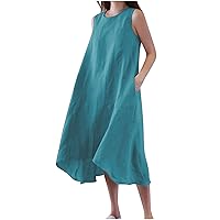 Women's Summer Long Maxi Dress Casual Crewneck Sleeveless Bohemian Cotton Linen Beach Flowy Sundress with Pockets