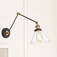 Black Glass Wall Sconces Lighting, Modern Gold Industrial Swing Arm Plug in or Hardwired Adjustable Wall Lamp with Antique Brass Finish for Bedroom, Kitchen, and Living Room