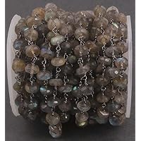 3 FEET Labradorite 5mm Rondelle Rosary Beaded Chain -Beads Wire Wrapped in Black Wire Chain