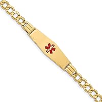 14K Yellow Gold Medical Soft Diamond Shape Red Enamel Semi-solid Curb Link ID Bracelet