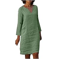 Women's Dresses 2024 Casual Solid Color Long Sleeve Notched V-Neck Dress Loose Pockets Cotton Linen Knee Length Dresses