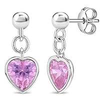 925 Sterling Silver Pink Cubic Zirconia Heart Ball Stud Dangle Earrings For Girls & Preteens- Delicate Safety Back Stud Earrings For Toddlers, Little Girls & Preteens