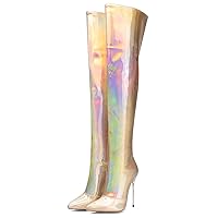 LEHOOR Women Thigh High Go Go Boots Stiletto High Heel Pointed Toe Metallic Over The Knee Boots Wide Calf Side Zipper Patent Leather Tall Dress Boot 5