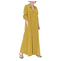 Women's Button Down Shirt Dress Long Sleeve Cotton Linen Lapel Blouse Casual Loose Long Maxi Dresses with Pockets