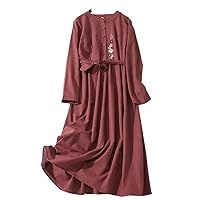 Cotton Linen Embroidery Long Sleeve Dresses for Women Spring Autumn Vintage Casual Loose Dress Elegant Clothing