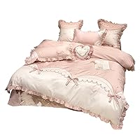 Girl Heart Long-Staple Cotton Bowknot Four-Piece Stitching Embroidery Duvet Cover Princess Style Ruffled Bedding (Color : Pink 4-Piece Suit, Size : 2m)
