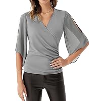 Women 3/4 Chiffon Sleeve Dressy Blouse Wrap Elastic Shirt Business Casual Party Flattering Tops 2023 Fashion