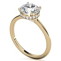 14K Solid Yellow Gold 3 CT Round Colorless Moissanite Engagement Ring Handmade Solitaire Wedding Ring Hidden Halo Pave Set Anniversary Ring for Women
