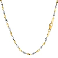 14K Two-Tone Yellow and White Gold 2.00mm Shiny Diamond-Cut Classic Singapore Chain Necklace for Pendants and Charms with Lobster-Claw Clasp (16