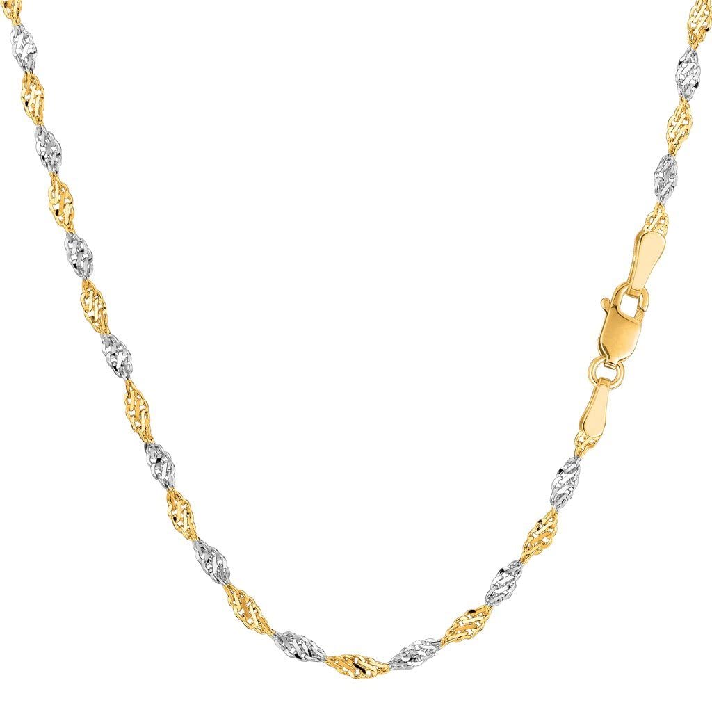14K Two-Tone Yellow and White Gold 2.00mm Shiny Diamond-Cut Classic Singapore Chain Necklace for Pendants and Charms with Lobster-Claw Clasp (16