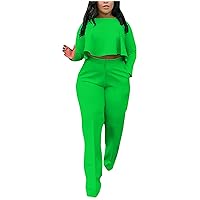 Womens Sexy Outfit 2 Piece Sets Crop Long Sleeve Top and Wide Leg Pants Set Dressy Casual Outfits Solid Tracksuit
