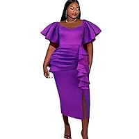 AOMEI Women's Purple Square Collar Ruffles Sleeve High Waist Peplum Bodycon Slit Dress