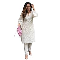 Lucknowi Chikankari Pure Cotton Kurti and Pant Set With Lining Of Mulmul For Women/Girls, Ethnic Wear