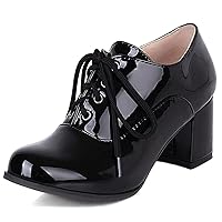 Womens Wingtip Shoes Patent Leather Lace Up Oxford Heels Chunky Brogue Shoes