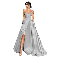 Strapless Satin Prom Dresses Long Ball Gown Slit A Line Wedding Dresses for Women Formal Evening Gowns
