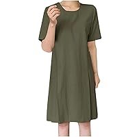 Women's Cotton Linen Midi Dress O Neck Short Sleeve Casual Loose Shirt Dresses Summer Simple Swing Skater Dresses