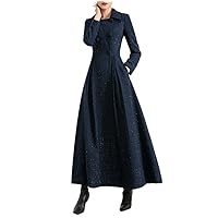 Women Long Woolen Coat Spring Autumn Elegant Dark Blue Double Breasted Plaid Thick Warm Wool Blends Overcoat