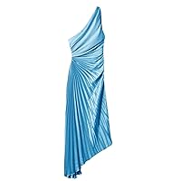 Women Cut Out Sleeveless Satin Maxi Dress One Off Shoulder Smocked Dress Cocktail Party Irregular Pleated Dress