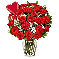From You Flowers - Two Dozen Red Roses + Heart Balloon with Glass Vase (Fresh Flowers) Birthday, Anniversary, Get Well, Sympathy, Congratulations, Thank You