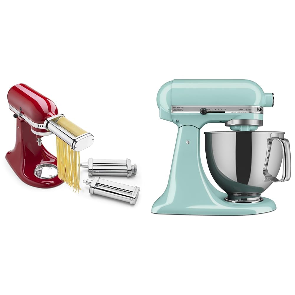KitchenAid KSMPRA Stand Mixer Attachment Pasta Roller & Cutter, 3-Piece Set, Stainless Steel & Artisan Series 5 Quart Tilt Head Stand Mixer with Pouring Shield KSM150PS, Ice Blue