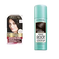 Excellence Creme Permanent Hair Color, 4 Dark Brown, 100 percent Gray Coverage Hair Dye, Pack of 1 & L'Oreal Paris Magic Root Cover Up Gray Concealer Spray Dark Brown 2 oz.