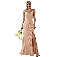 Women's Chiffon Bridesmaid Dresses for Wedding Spaghetti Strap Pleated A Line Formal Evening Gown with Slit R057