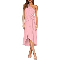 LILLUSORY One Shoulder Dresses for Women 2023 Summer Linen Wrap Ruched Tie Waist Midi Dress