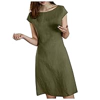 Plus Size Women Cotton Linen Cap Sleeve Dressy Dress Summer V Type Zipper Back Casual High Waist Solid A-Line Dress