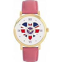 Queen's Platinum Jubilee Union Jack Heart Watch 2022 for Women, Analogue Display, Japanese Quartz Movement Watch with Pink Leather Strap, Custom Made