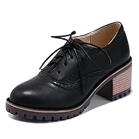 Women's Casual Lace Up Pump Oxfords Round Toe Suede Platform Chunky Mid Heel Vintage Dress Shoes