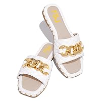 FSJ Women Sexy Square Open Toe Comfortable Flat Thick Sole Cushion Sandals Fashion Gold Chain Style Slip On Slides Checkered Strap Studded Daily Ladies Summer Shoes Size 4-15 US