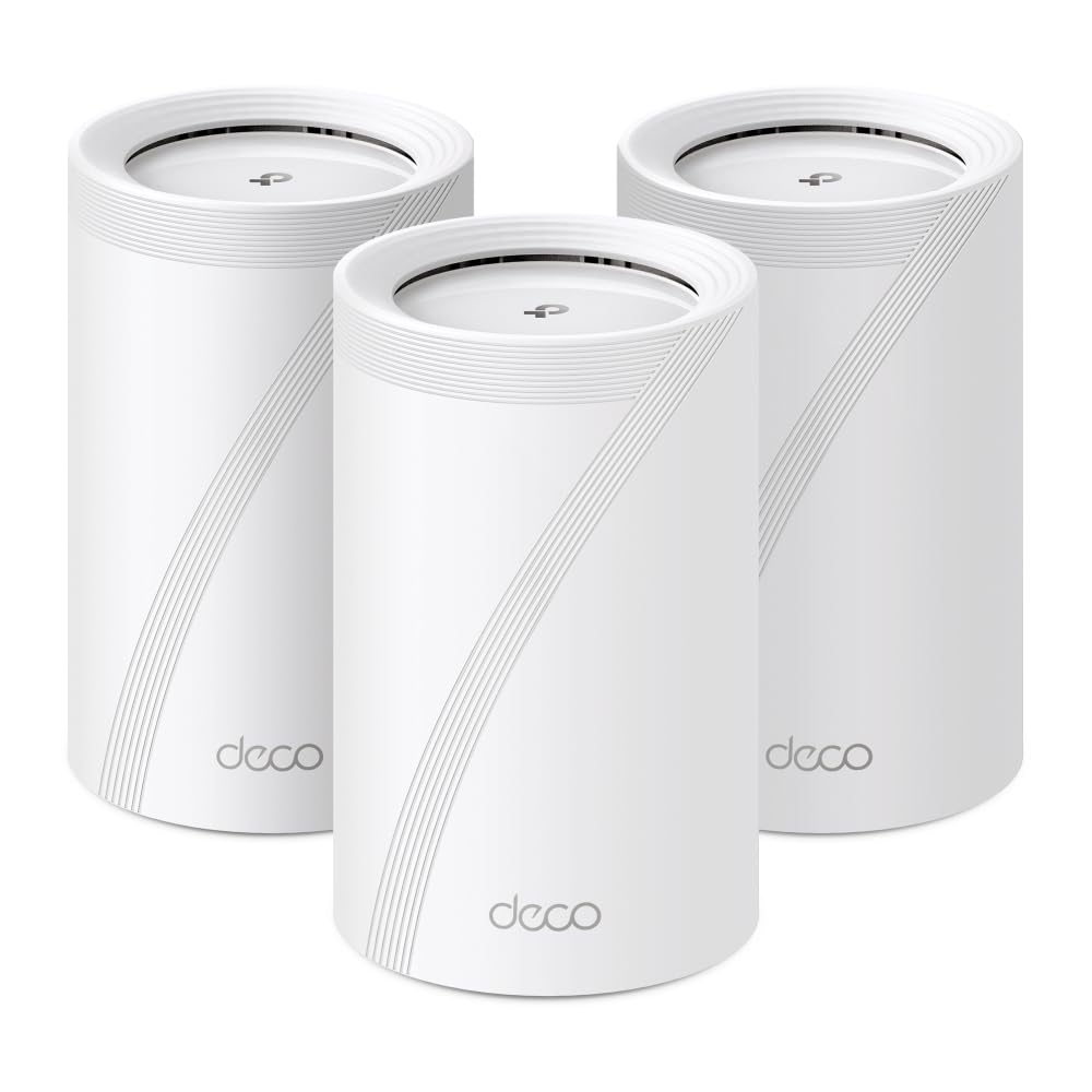TP-Link Tri-Band WiFi 7 BE10000 Whole Home Mesh System (Deco BE63) | 6-Stream 10 Gbps | 4 × 2.5G Ports Wired Backhaul, 4× Smart Internal Antennas | VPN, AI-Roaming, MU-MIMO, HomeShield (3-Pack)