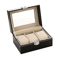 Watch Box Small 3 Slot Mens Black Leather Display Glass Top Jewelry Case Organizer Watch Storage Case Jewelry Box