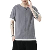 Men's V-Neck T-Shirt Original Men's Fake Two Pieces Hip-Hop T-Shirt Men's Clothes Tops Summer Linen Shirt