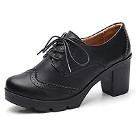 YING LAN Women's Pump Shoes Leather Platform Chunky Mid-Heel Pointed Toe Oxfords Dress Shoes