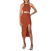 Wedding Guest Dresses for Women with Sleeves Plus Size,Women's Cut Out Mid Length Crew Neck Sleeveless Vest Spl