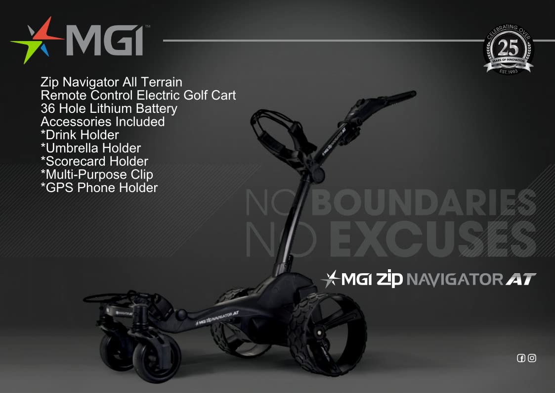 MGI Zip Navigator All Terrain Electric Golf Cart - 36 Hole Lithium Battery - Remote Control - Accessories Included (Multi-Purpose Clip, Drink, Umbrella, GPS-Phone, & Scorecard Holder), Black