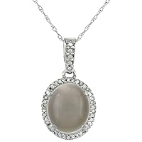 Silver City Jewelry 10k White Gold Natural Gray Moonstone Halo Necklace Oval 11x9mm, 18 inch long