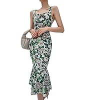 Ladies end Retro Exquisite and Elegant Printing Big Round Neck Waist Slim Long Dress (Peony Flower Color, L)