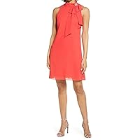 Vince Camuto Womens Red Zippered Embellished Bow-tie Lined Sheer Darted Sleeveless Mock Neck Above The Knee Wear to Work Shift Dress 14