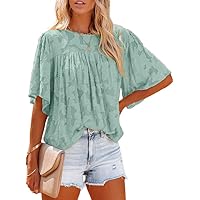 Dokotoo Womens 3/4 Bell Sleeve Blouse Summer Crewneck Lace Tops Floral Textured Babydoll Shirts