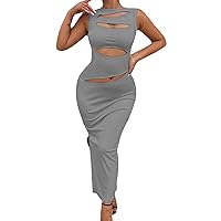 GRASWE Women's Maxi Dress Sexy Pure Color Slim Fit Hollow Out Dress