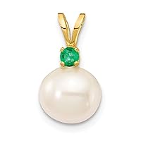 14k Gold Emerald 8 8.5mm White Round Freshwater Cultured Pearl Pendant Necklace Jewelry for Women
